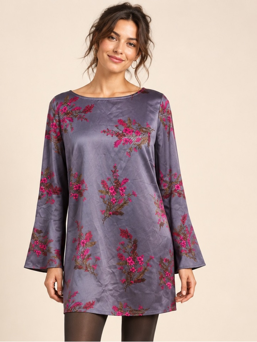 Grey Satin Floral Tunic Blouse/ Mini Dress Bell Sleeve Boho Cottagecore Large